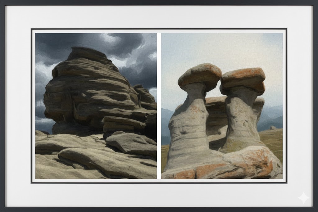 An artistic representation of The Sphinx and The Old Womans rocks (Babele)