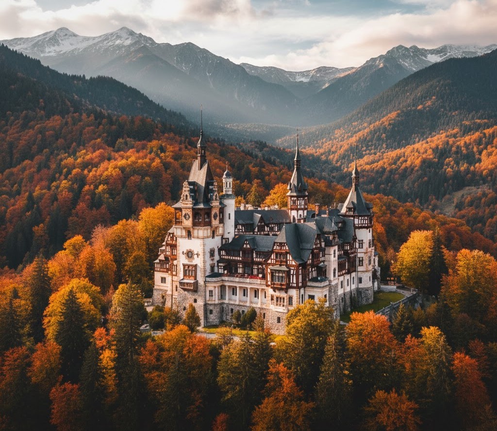 Peleș Castle -Prahova County in autumn landscape