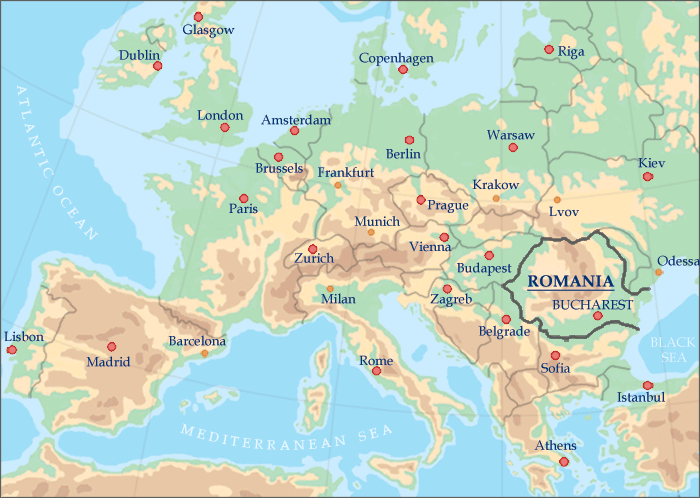 The map of Europe with Romania's borders bold