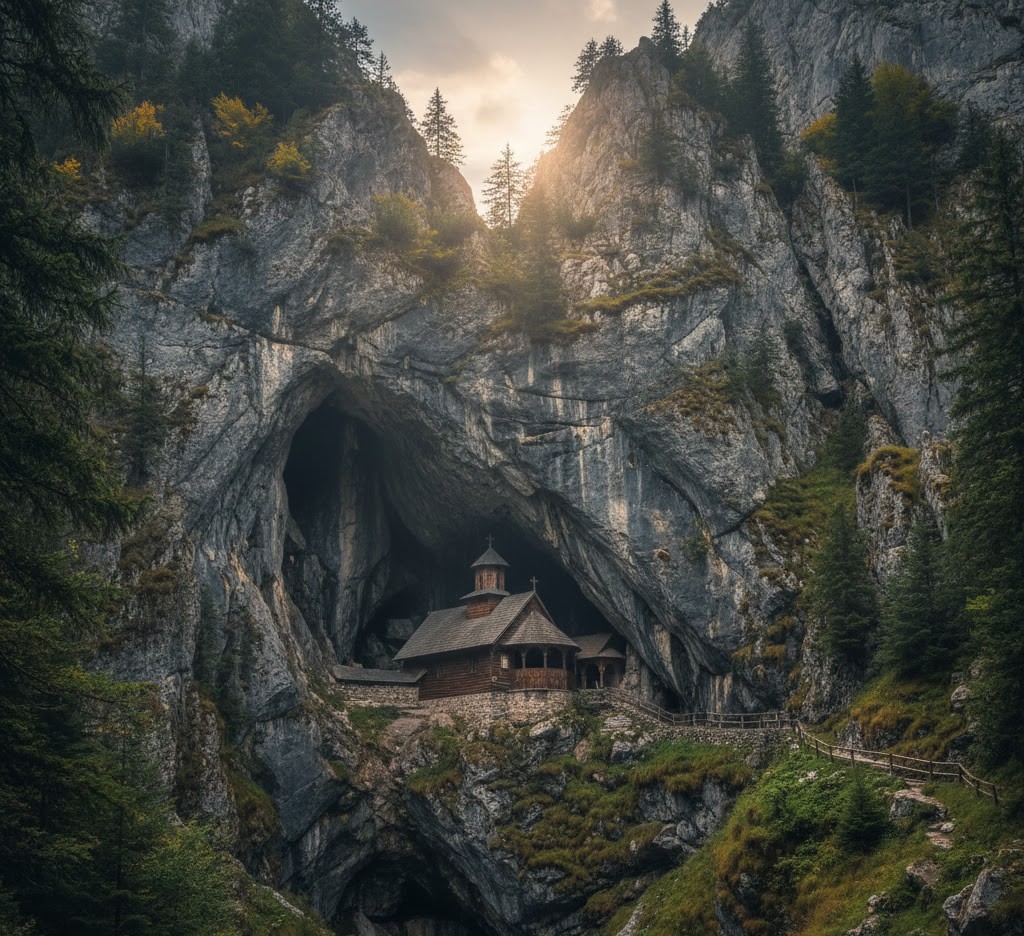 Wooden monastery church at the entrance of Ialomita Cave (Pestera Ialomitei) in Bucegi Mountains landscape, a stunning nature place in Romania