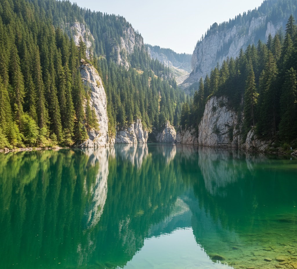 Panoramic view of Scropoasa Lake in Romania with turquoise water, surrounding pine forests and limestone cliffs in Bucegi Mountains.