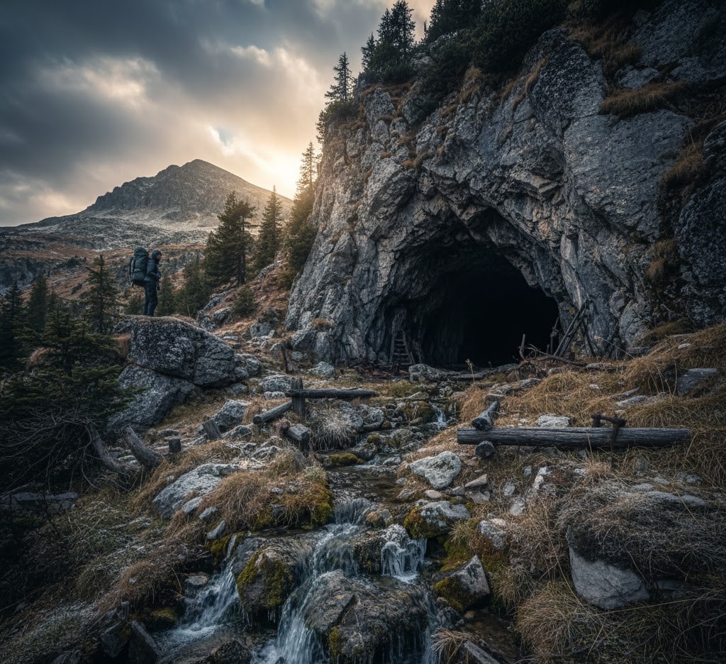 The entrance of Baia lui Schneider cave-mine in the Rodna Mountains, showing old wooden mining structures, a stream, and rocky alpine terrain near Ineu Peak.