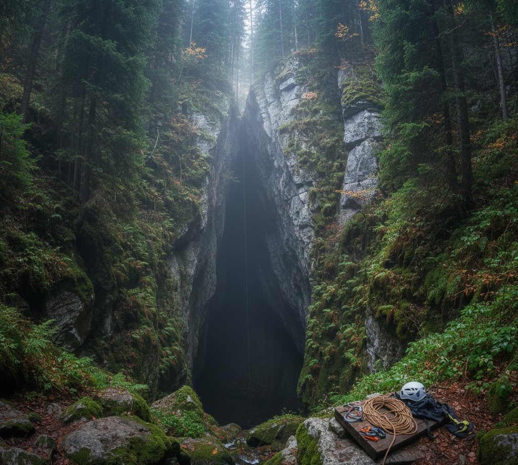 The dramatic entrance of Jgheabul lui Zalion cave in the Rodna Mountains, Romania, showing a deep limestone vertical shaft and professional speleology gear in the foreground.
