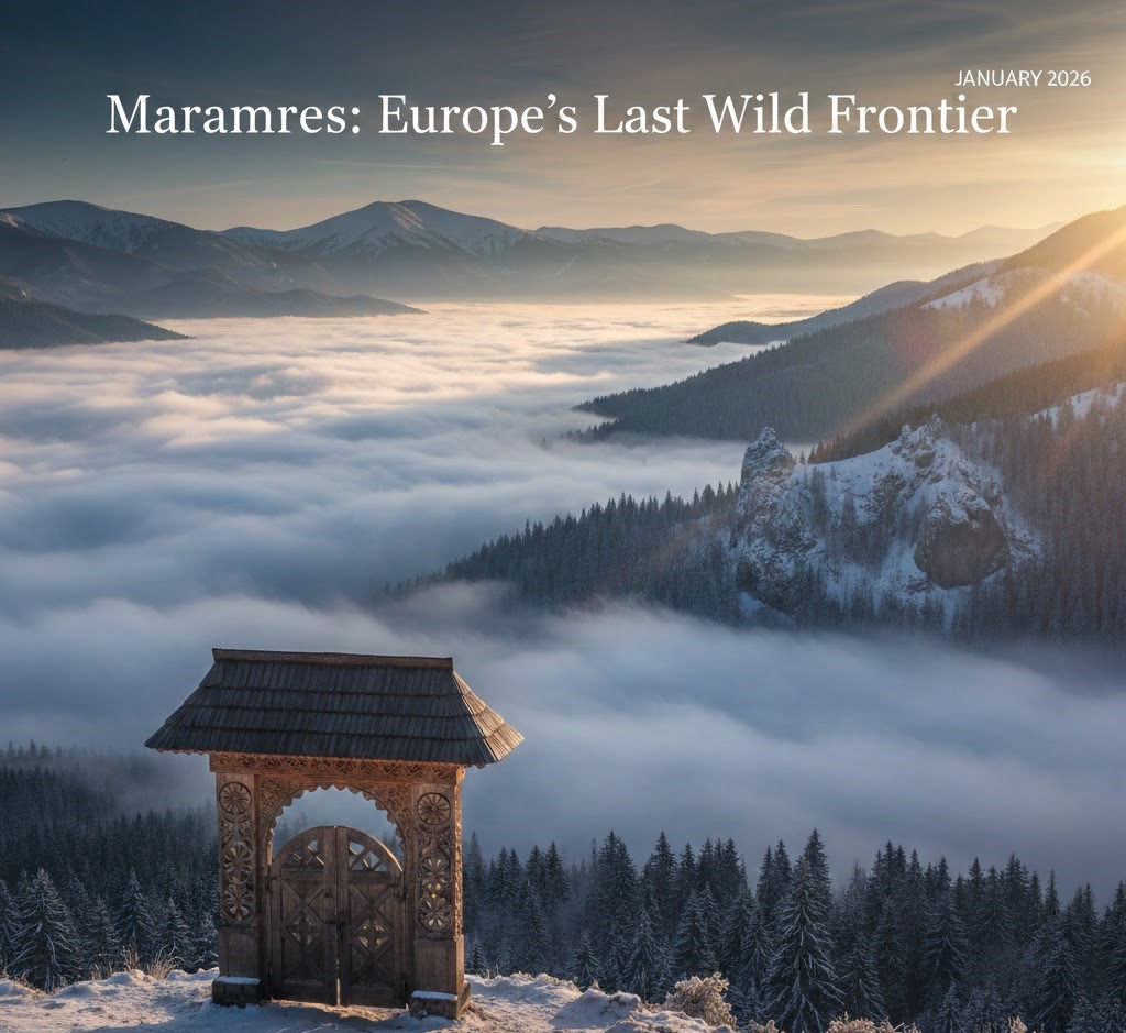 Traditional carved wooden Maramures gate on a mountain top overlooking a sea of clouds and snowy peaks at sunrise.