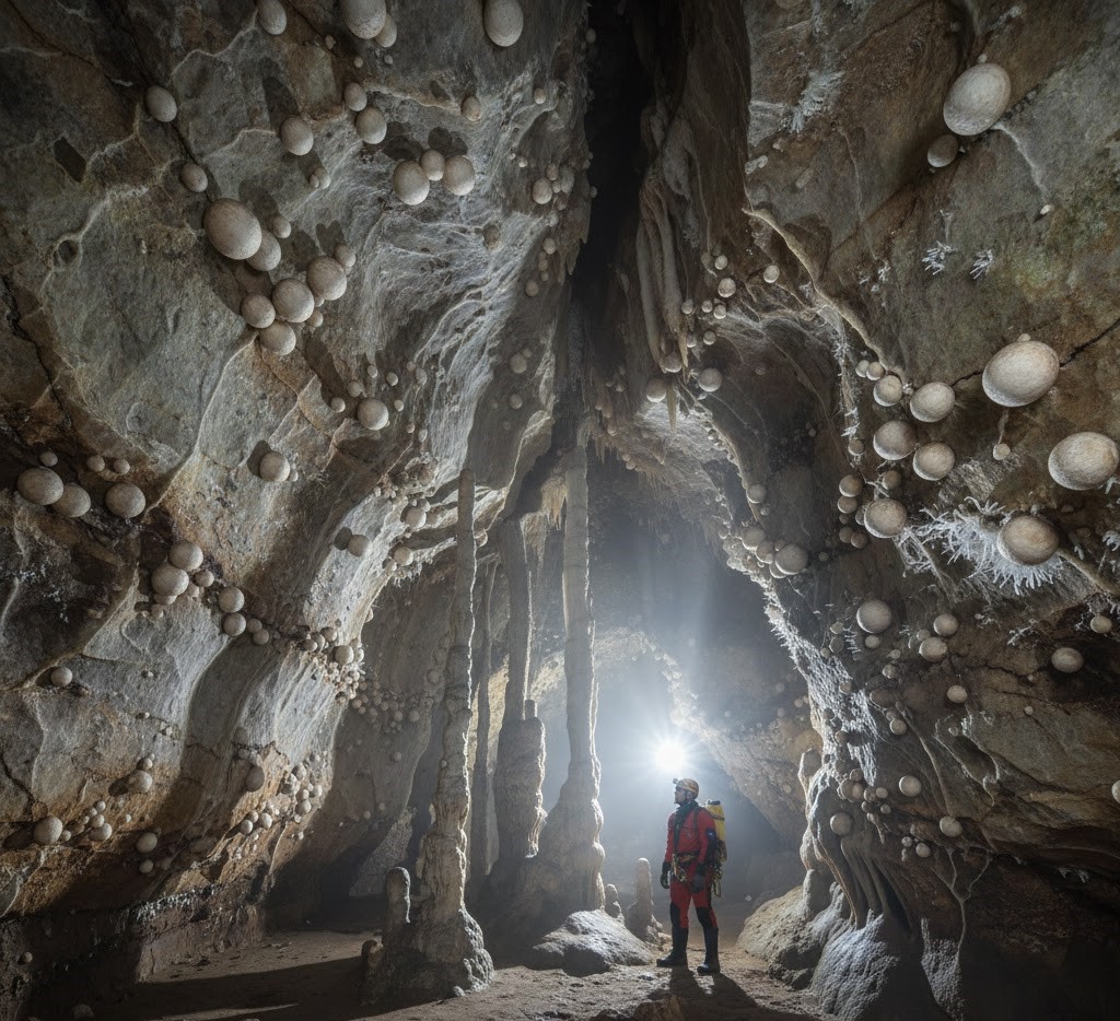 Professional explorer inside Tausoare Cave, Romania, surrounded by rare limestone spheres and crystal formations in the deepest cave of the Rodna Mountains.