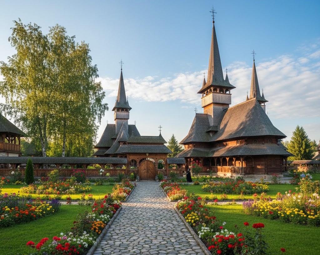 A stunning view of Bârsana Monastery in Romania featuring tall traditional wooden churches, flower-lined stone paths, and a blue sky.