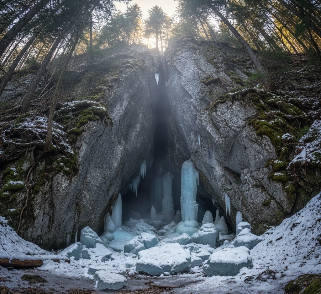 A realistic ultra-wide view of the Ice Cave entrance in the Piatra Mare Mountains, Romania. The image shows a deep vertical limestone fissure filled with massive blue ice formations, stalagmites of ice, and snow, surrounded by a pine forest with sunlight filtering through the trees at the top.