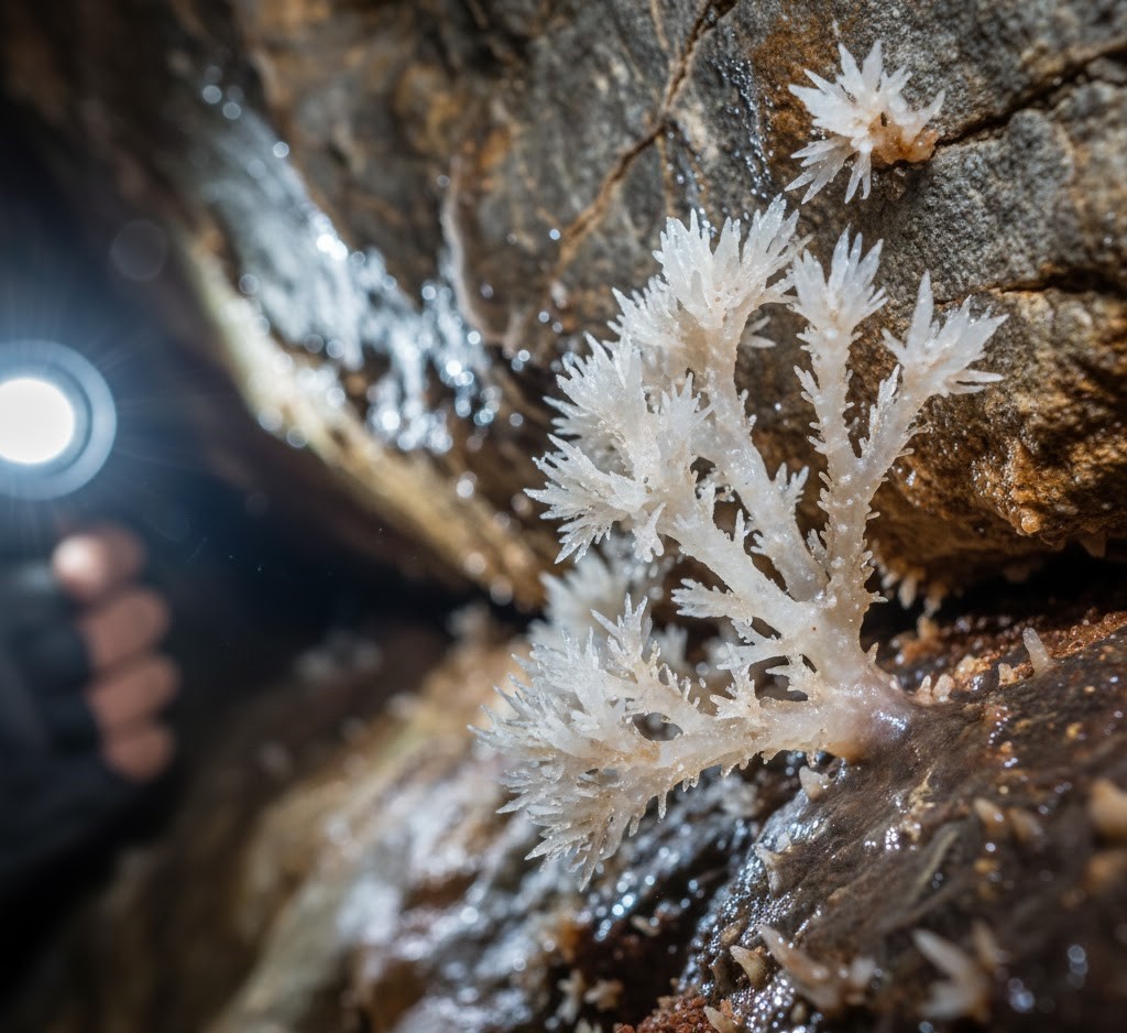A detailed macro shot inside the Coral Cave (Peștera cu Corali) in the Vâlcan Mountains, Romania. The image shows a delicate, white aragonite formation resembling a coral branch growing from a wet limestone wall. In the background, a hiker's flashlight subtly illuminates the crystalline structure and the damp cave environment.
