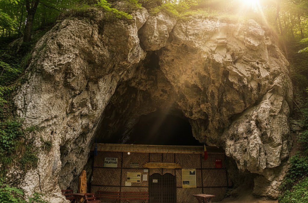 Ultra-wide landscape view of the Polovragi Cave entrance in the Carpathian Mountains, Romania, showing the massive limestone cliffs, lush green vegetation, and a warm golden sunset glow filtering through the trees.