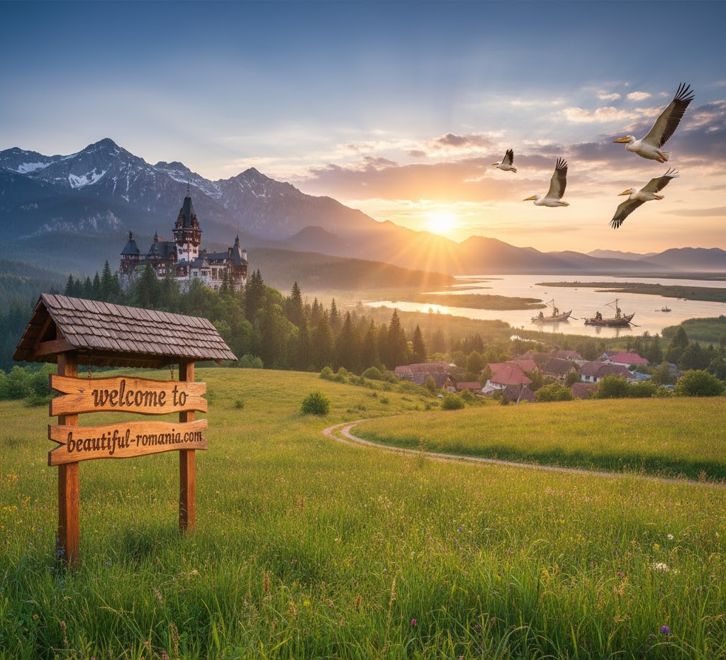 A rustic wooden sign reading 'Welcome to beautiful-romania.com' in a scenic landscape featuring Peles Castle, the Carpathian Mountains, and pelicans flying over a river at sunset.