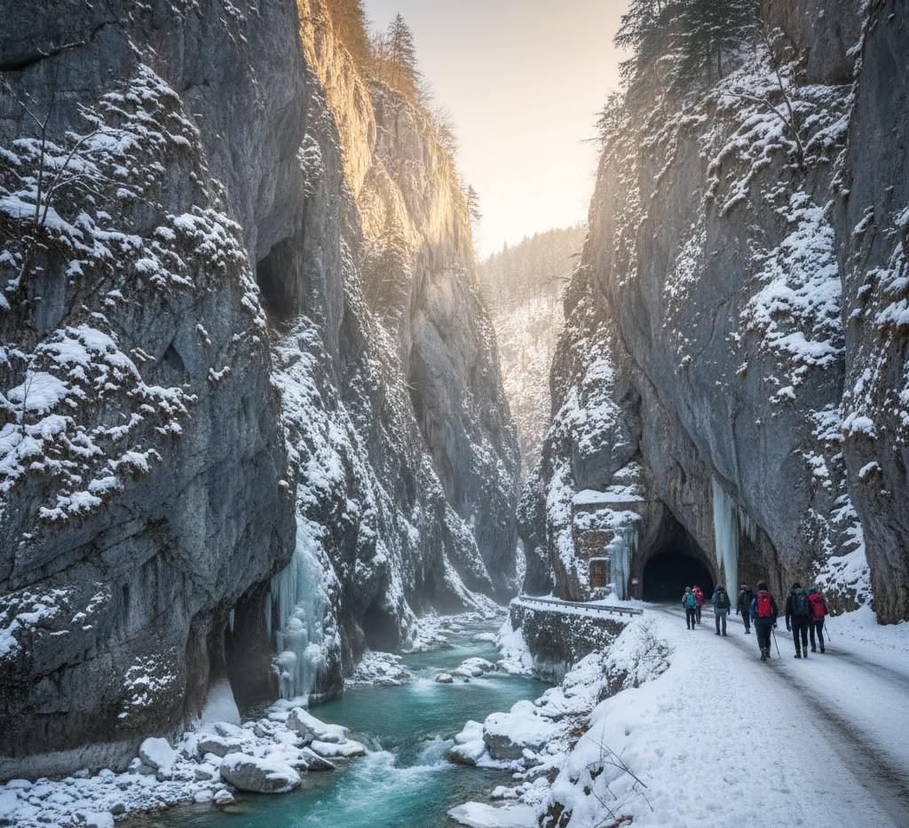 A realistic winter view of the Cheile Oltețului (Olteț Gorges) in Romania, featuring towering snow-covered limestone cliffs and the turquoise Olteț River flowing through the narrow canyon. A group of hikers in winter gear walks along the snowy path next to the entrance of a dark tunnel-like cave, with warm golden sunlight hitting the mountain tops in the distance.