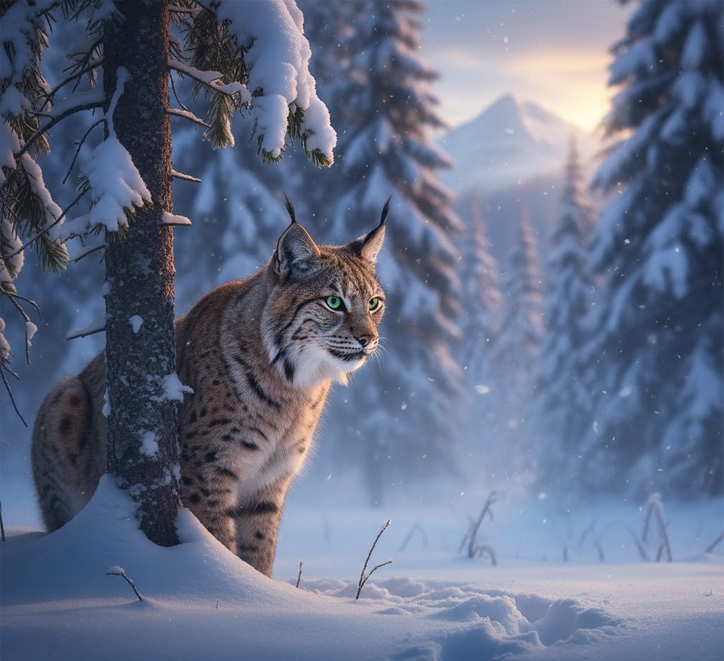 A Eurasian Lynx in a snowy Romanian forest. The lynx, featuring prominent ear tufts and a thick spotted coat, is peering out from behind a pine tree. The background shows a misty winter landscape with snow-covered fir trees and a distant mountain peak at sunset. Clear lynx paw prints are visible in the deep snow in the foreground.