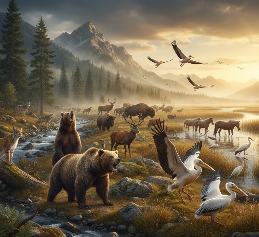 A comprehensive artistic collage showcasing Romania's wildlife, including brown bears, wolves, lynx, European bison, deer, and pelicans in a scenic landscape of mountains and wetlands.