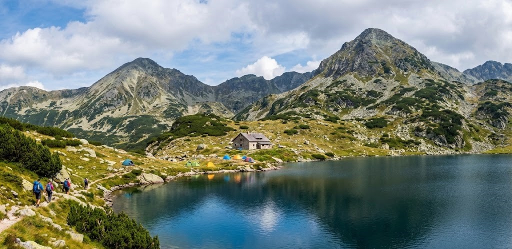 Panoramic view of Bucura Lake in Retezat Mountains, Romania, featuring a stone mountain refuge, hikers on a trail, and colorful tents near the crystal-clear glacial water under a blue sky.