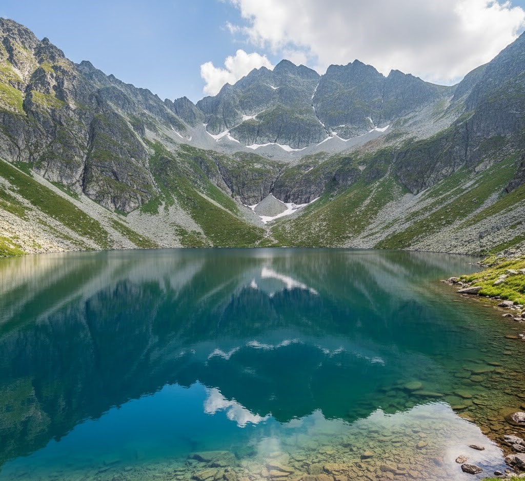 The deep blue glacial waters of (Lacul) Gâlcescu Lake reflecting the rugged peaks of the Parâng Mountains under a clear sky.
