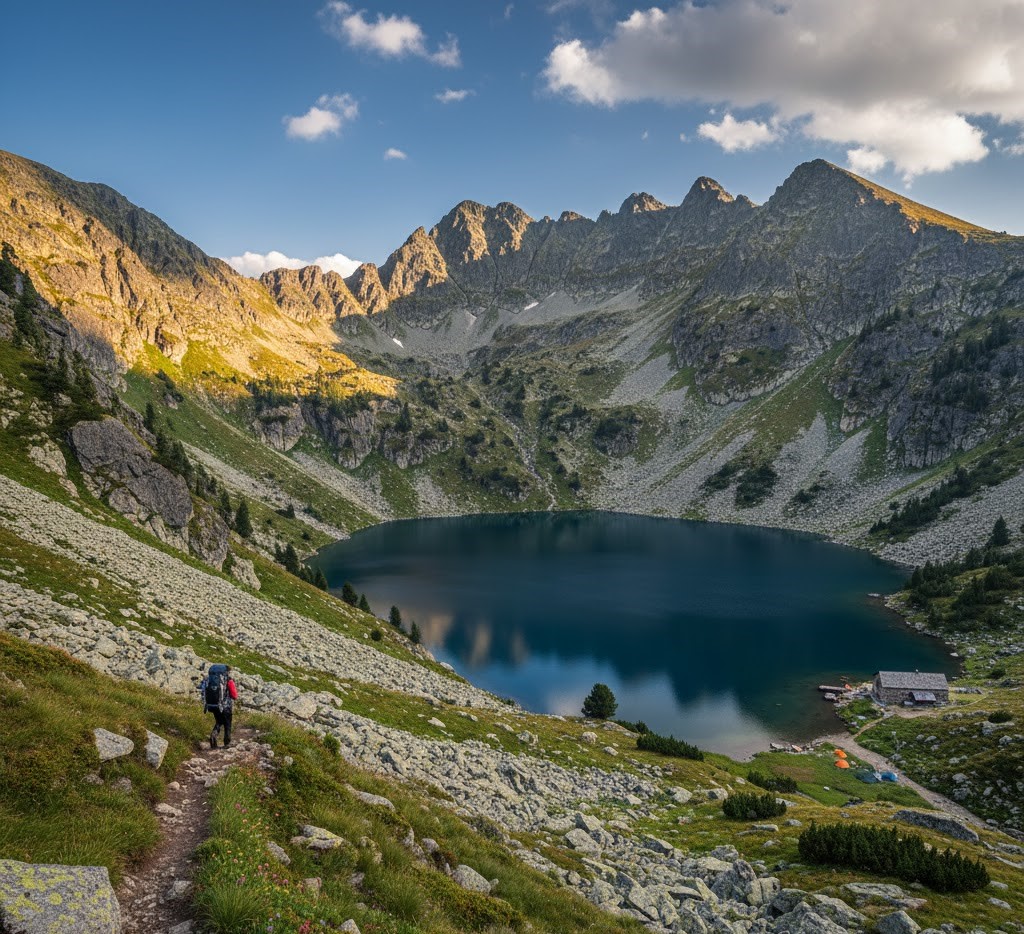 Deep blue waters of Lake Zanoaga (lacul Zanoaga) in Retezat National Park, with a hiker on a rocky trail and a stone rescue refuge on the shore under a dramatic mountain backdrop