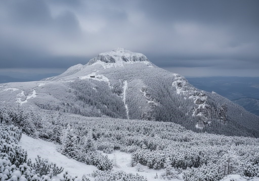 A wide panoramic view of the snow-covered Ceahlău Massif in Romania under a dramatic winter sky.