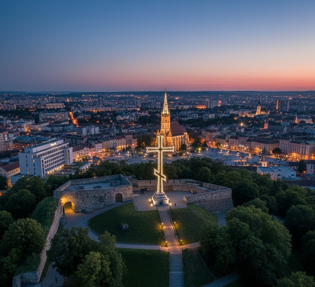 A sunset view from Cetățuia Hill in Cluj-Napoca, Romania, showing the illuminated Iron Cross monument, the old citadel stone walls, and the city skyline with St. Michael's Church in the background.
