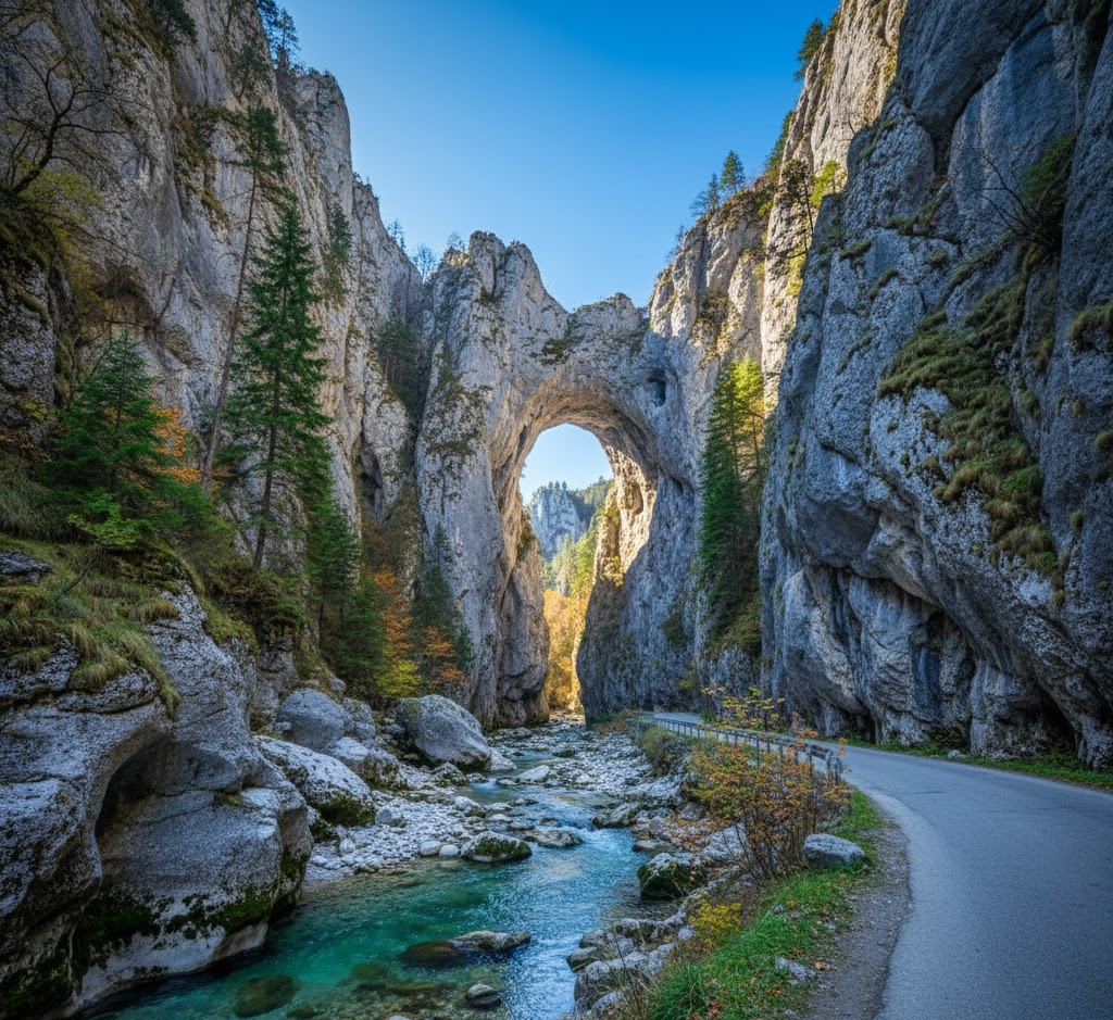 Dramatic view of Sohodol Gorges in the Vâlcan Mountains, Romania, featuring a massive natural stone arch known as the Lady's Ring over a turquoise river and a winding mountain road.