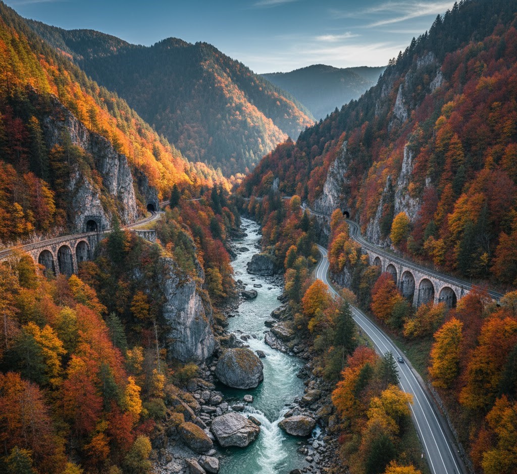 A high-angle realistic view of the Jiu Valley Canyon in Romania during autumn, showing the Jiu River flowing between steep cliffs, historic stone railway viaducts with tunnels, and a winding road through vibrant orange and red forests.