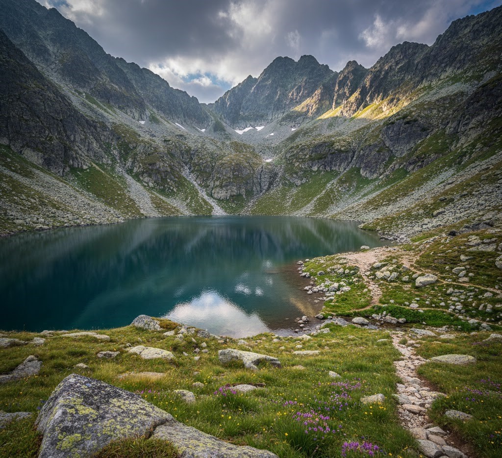 A crystal-clear glacial lake called Podragu, nestled among the high rocky peaks of the Făgăraș Mountains in Romania.