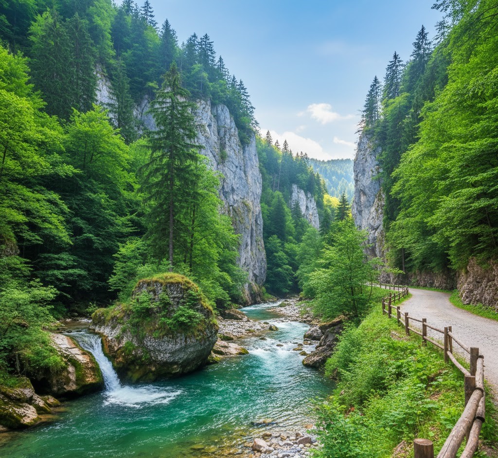 Summer scenery of the Latorița Gorges (Cheile Latoriței) in Romania, featuring lush green forests, a crystal-clear turquoise river, a mountain waterfall, and a winding dirt road under a bright blue sky.