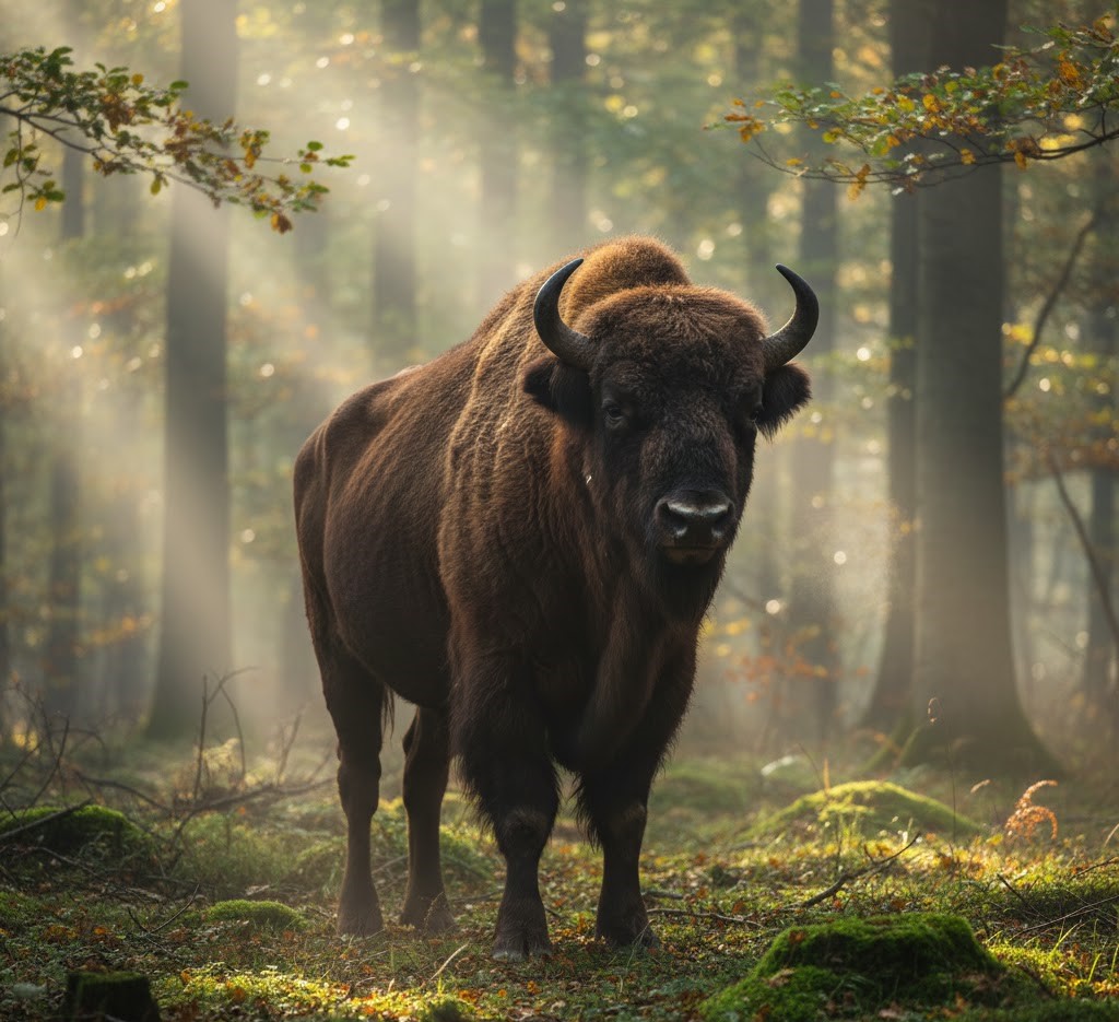 A majestic European Bison (Zimbru) standing in a lush green Romanian forest, symbolizing the wild spirit of the Carpathians.