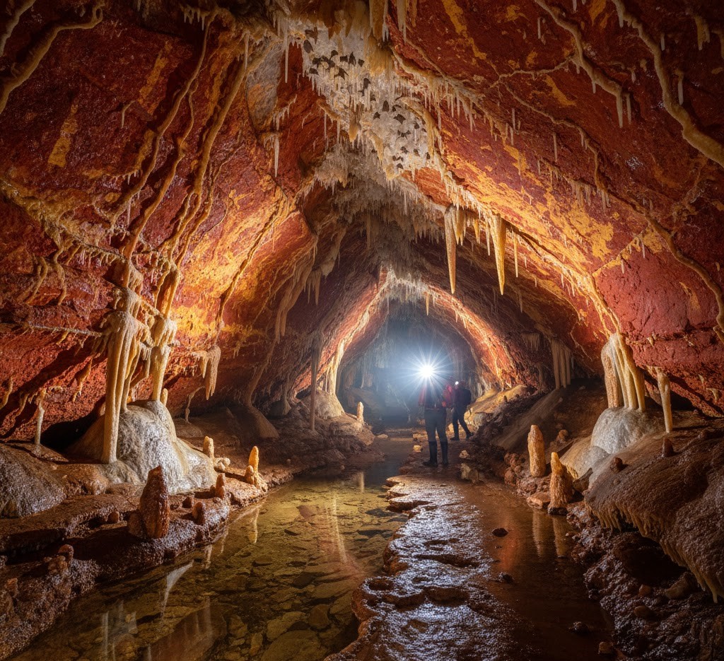 View of the colorful mineral formations and crystal clear water pools inside The Painted Cave (Piatra de Foc) in the Apuseni Mountains, Romania. View of the colorful mineral formations and crystal clear water pools inside The Painted Cave (Piatra de Foc) in the Apuseni Mountains, Romania.
