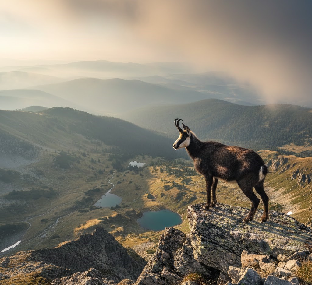A Romanian Chamois standing on a jagged rock overlooking a valley with glacial lakes.
