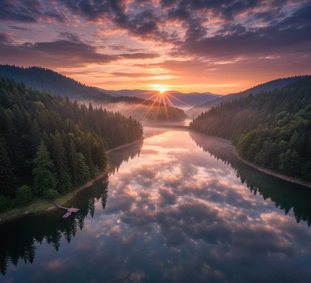 Wide-angle landscape of Lake Poiana Mărului in the Țarcu Mountains at sunrise.