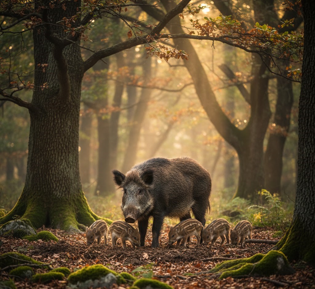 A female wild boar standing guard over her five striped piglets as they forage on a mossy, sunlit forest floor in Romania.