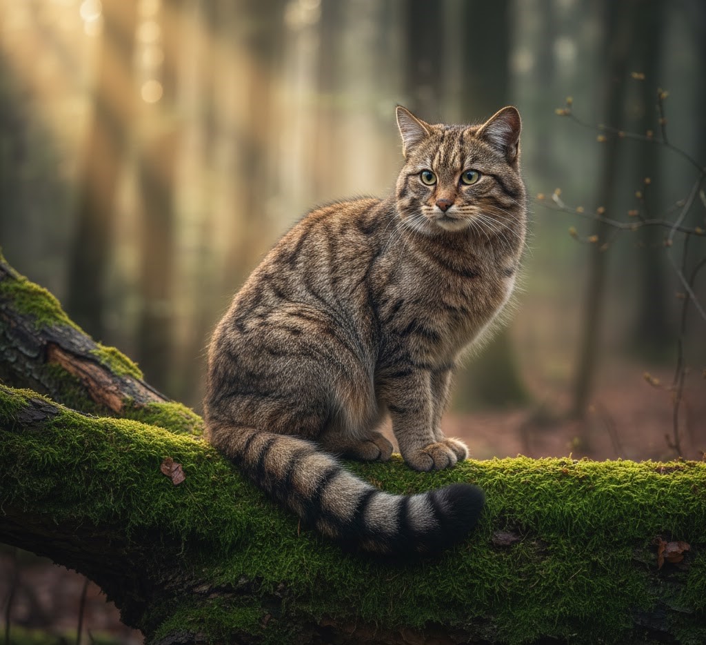 A photo of a European Wildcat perched on a moss-covered fallen tree trunk in a sunlit Romanian forest.