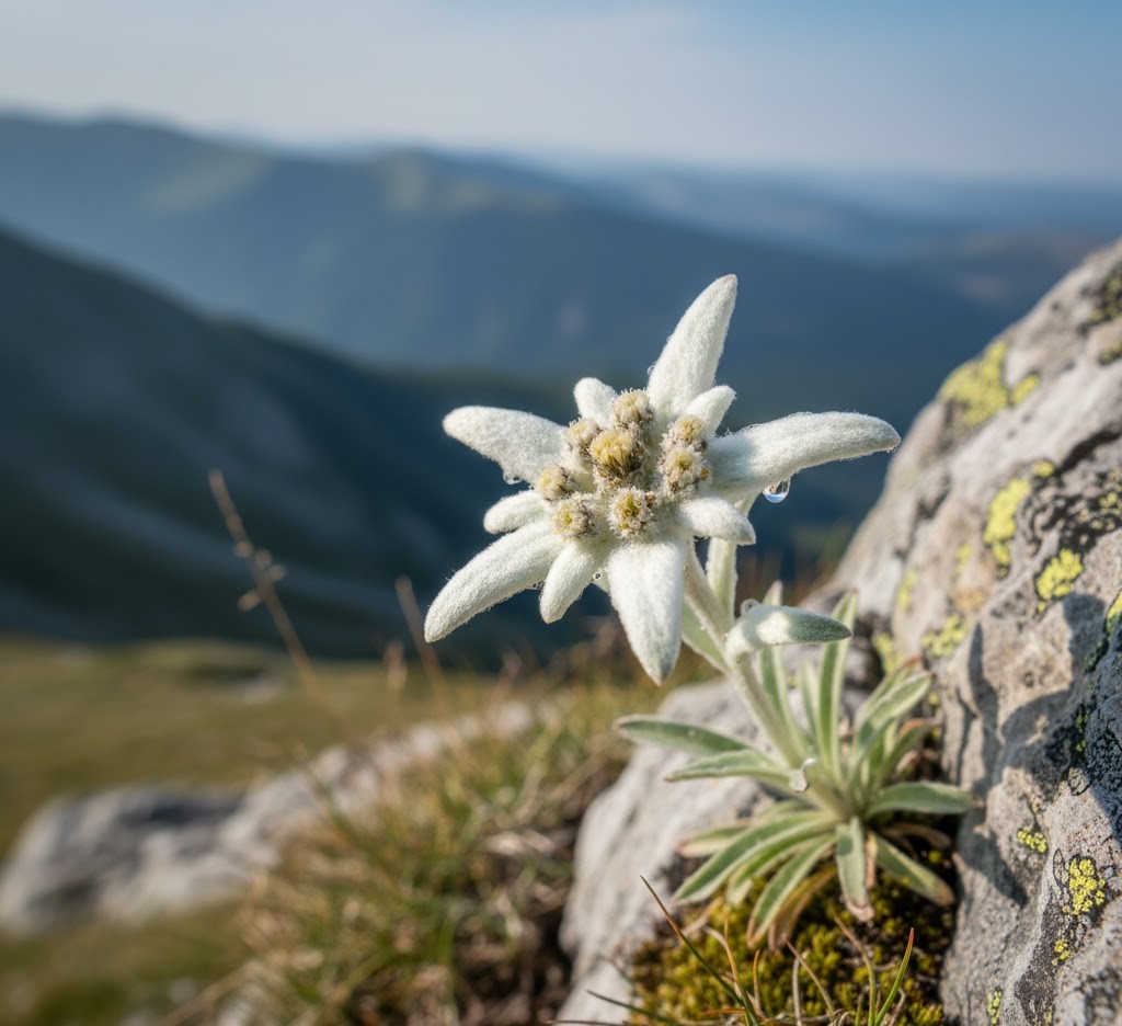 Rare Edelweiss flower blooming on a rocky cliff in Romania.