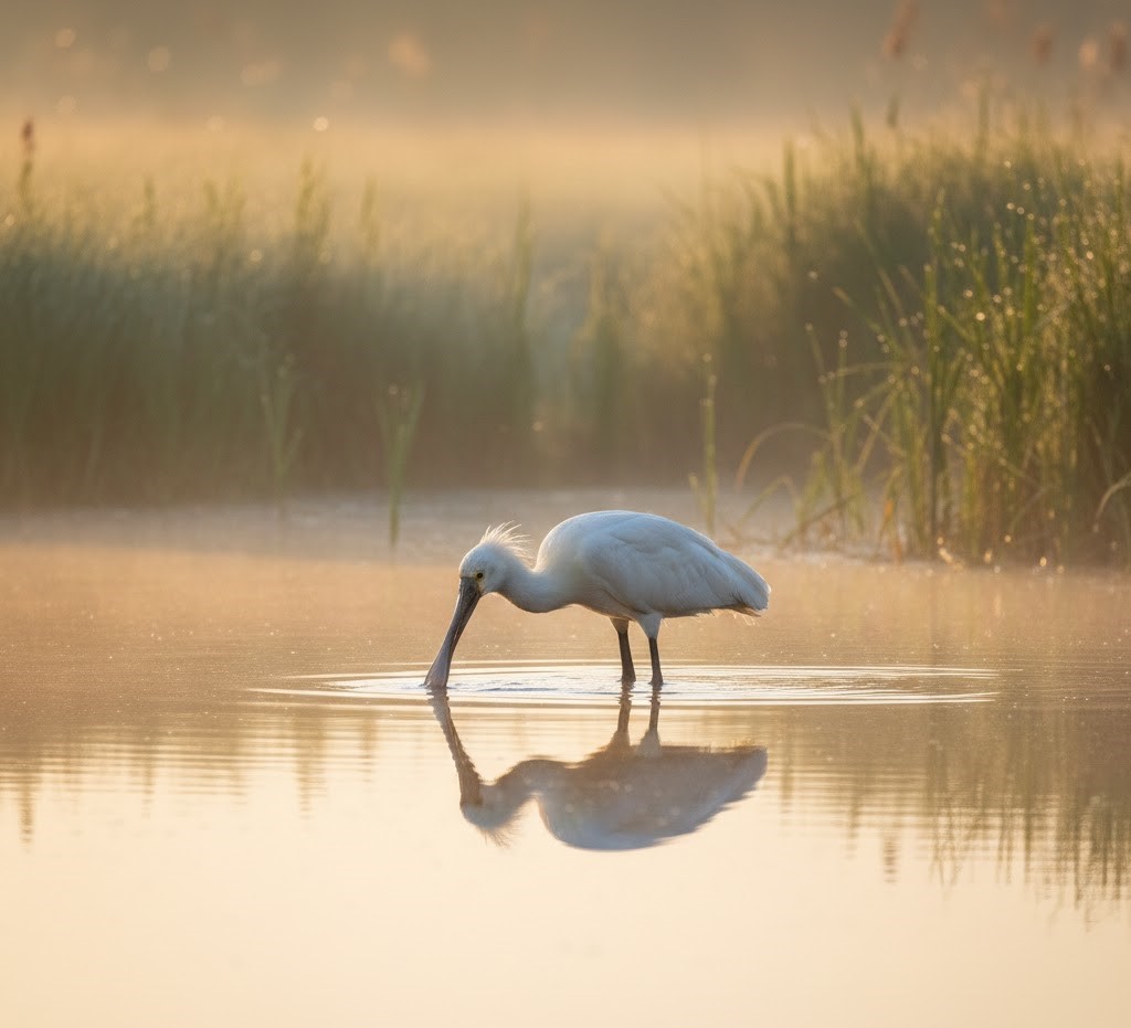 Eurasian Spoonbill Foraging in the Mist at Sunrise.