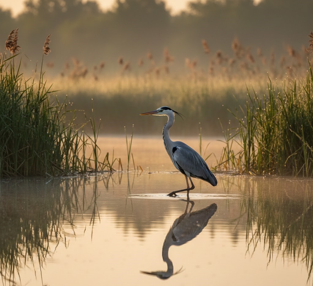 Majestic grey heron hunting in the Romanian Danube Delta wetlands.
