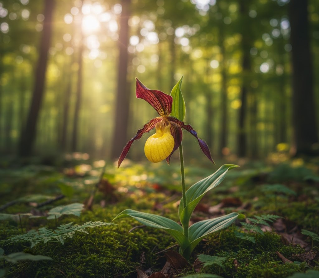 A rare Lady's Slipper orchid (Cypripedium calceolus) blooming in a lush Romanian beech forest, with golden sunlight filtering through the trees. A rare Lady's Slipper orchid (Cypripedium calceolus) blooming in a lush Romanian beech forest, with golden sunlight filtering through the trees.