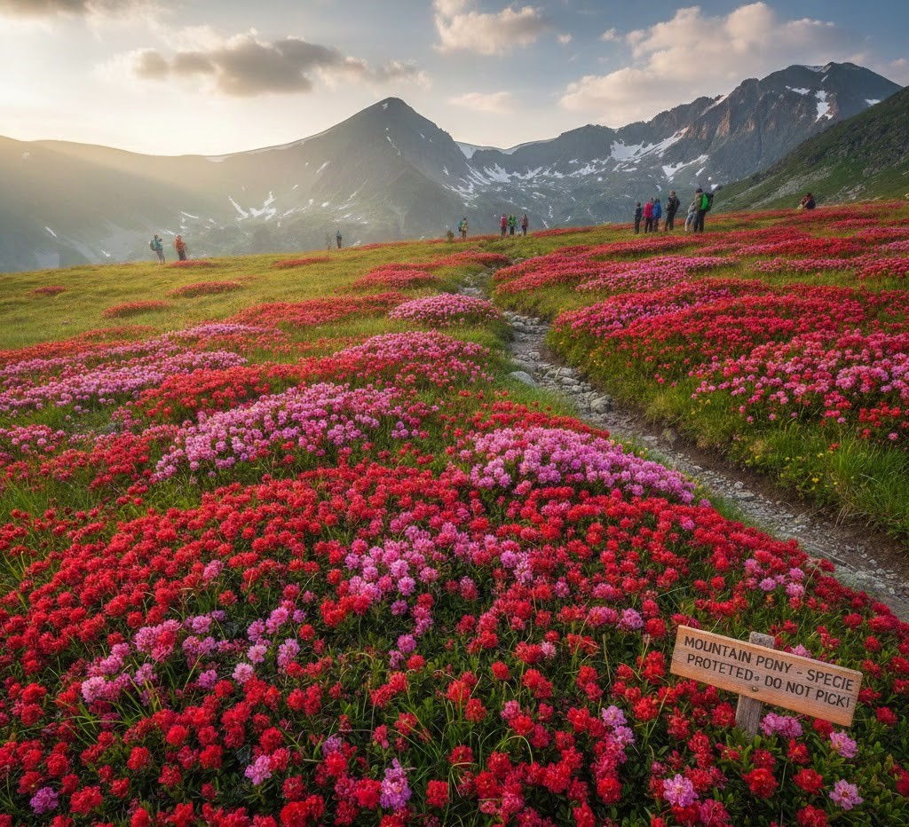 Field of wild Mountain Peonies in bloom on a high alpine plateau in Romania, with rocky mountain peaks in the background. Field of wild Mountain Peonies in bloom on a high alpine plateau in Romania, with rocky mountain peaks in the background.