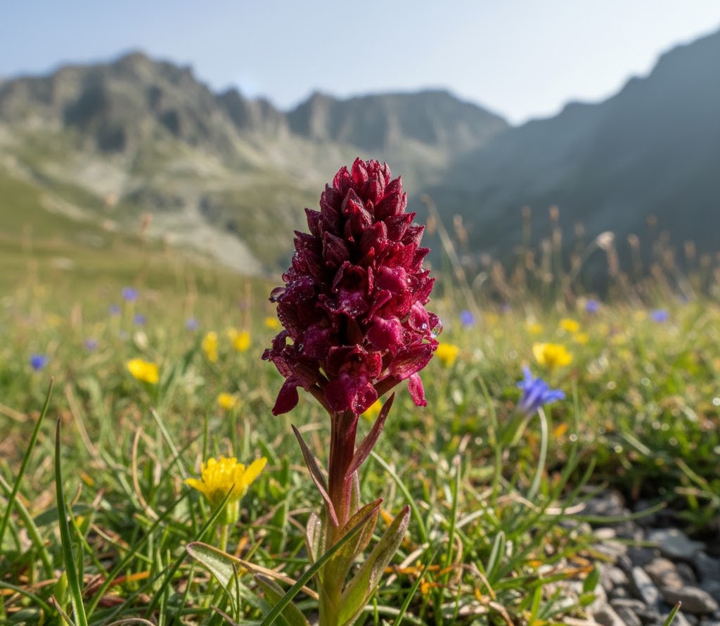 Close-up of a rare Sângele Voinicului (Nigritella rubra) orchid with deep red petals, growing in a wild alpine meadow in the Romanian Carpathians. Close-up of a rare Sângele Voinicului (Nigritella rubra) orchid with deep red petals, growing in a wild alpine meadow in the Romanian Carpathians.