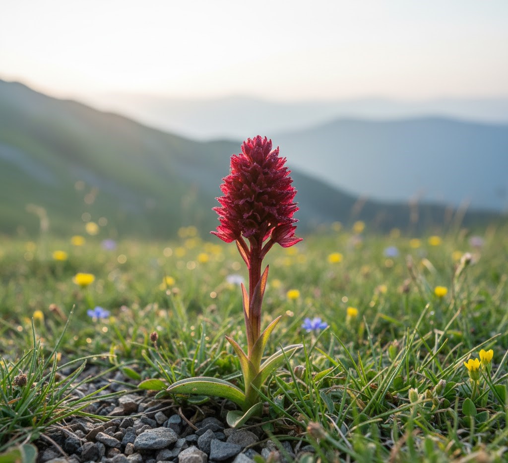 A single Sângele Voinicului orchid (Nigritella rubra) standing tall in a rocky alpine field during sunrise. A single Sângele Voinicului orchid (Nigritella rubra) standing tall in a rocky alpine field during sunrise.