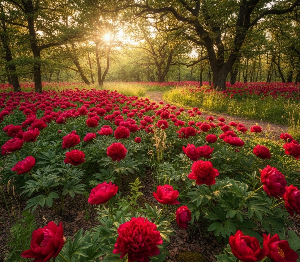 A photo of a sunlit forest glade in Romania filled with thousands of vibrant, deep red wild peonies (Paeonia peregrina). A photo of a sunlit forest glade in Romania filled with thousands of vibrant, deep red wild peonies (Paeonia peregrina).