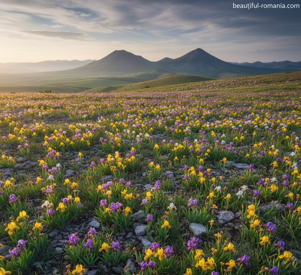 A vast field of wild Steppe Irises in purple, yellow, and white blooming on the rocky slopes of the Măcin Mountains in Romania during sunset.