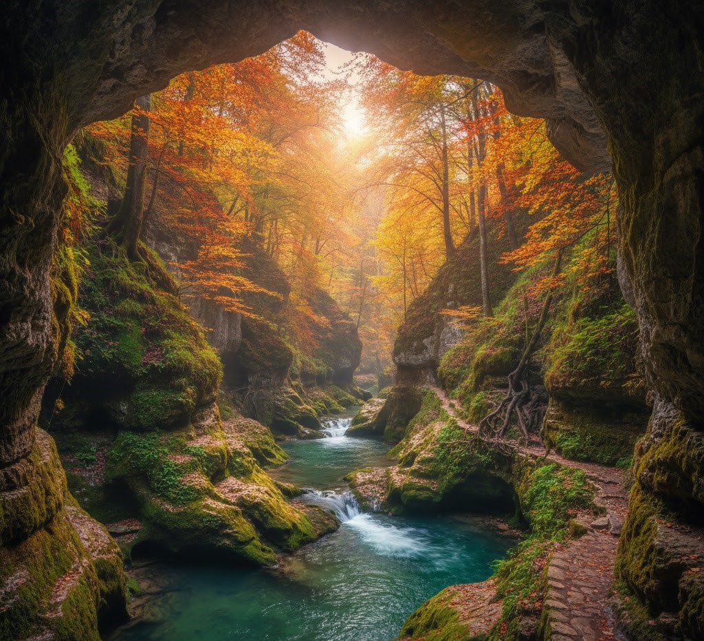 A view of the Nera Gorge in Romania, seen from a stone tunnel opening.