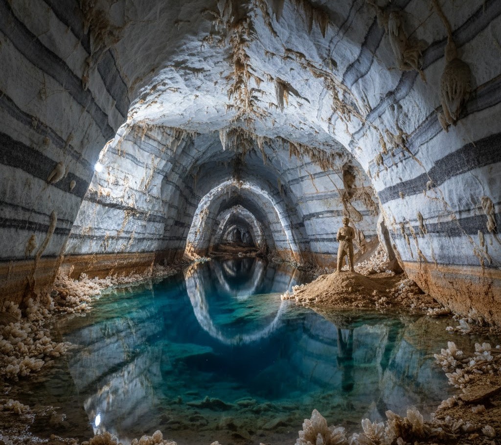 High-detail interior view of the Emil Racoviță Cave, showing a crystal-clear underground lake reflecting the unique gypsum formations. High-detail interior view of the Emil Racoviță Cave, showing a crystal-clear underground lake reflecting the unique gypsum formations.
