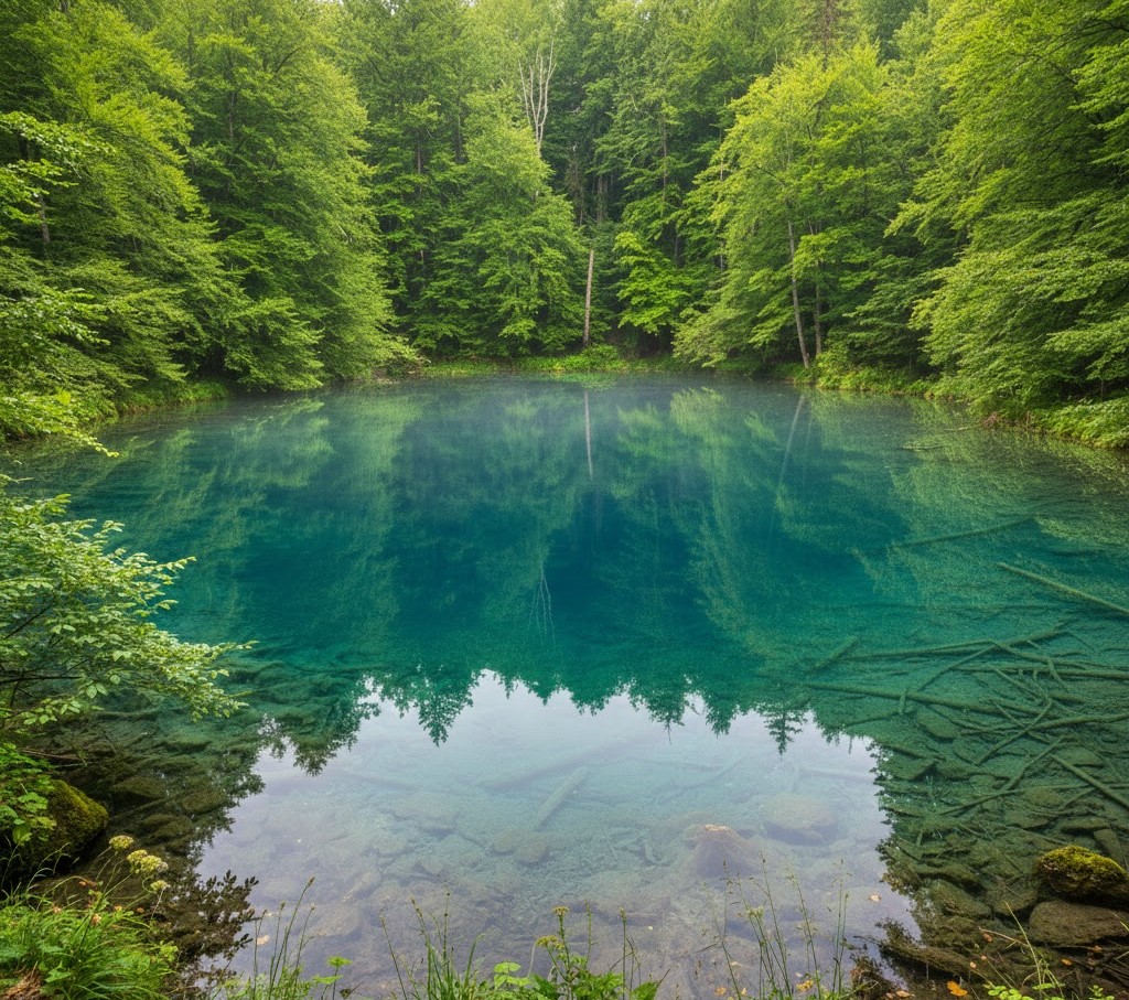 Ochiul Beiului lake in Romania, featuring crystal-clear turquoise water with high transparency.
