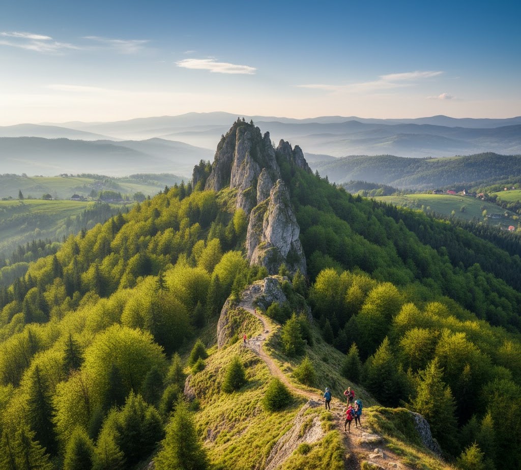 Hiking trail towards Creasta Cocoșului ridge in Gutâi Mountains, summer. Hiking trail towards Creasta Cocoșului ridge in Gutâi Mountains, summer.