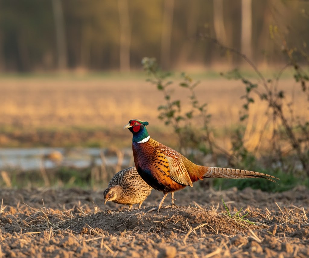 A pair of Ring-necked Pheasants, with a colorful male and a camouflaged female, in a natural field habitat.