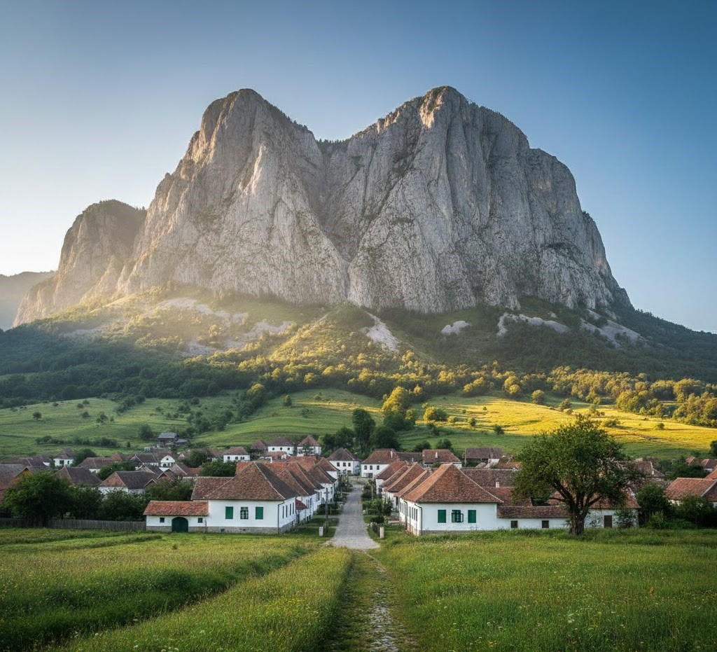 The traditional white houses of Rimetea village at the foot of the massive Piatra Secuiului rock formation.
