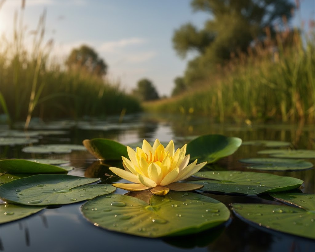 A vibrant yellow water lily (Nuphar lutea) blooming on a calm canal in the Danube Delta, Romania, with water droplets on its floating leaves.