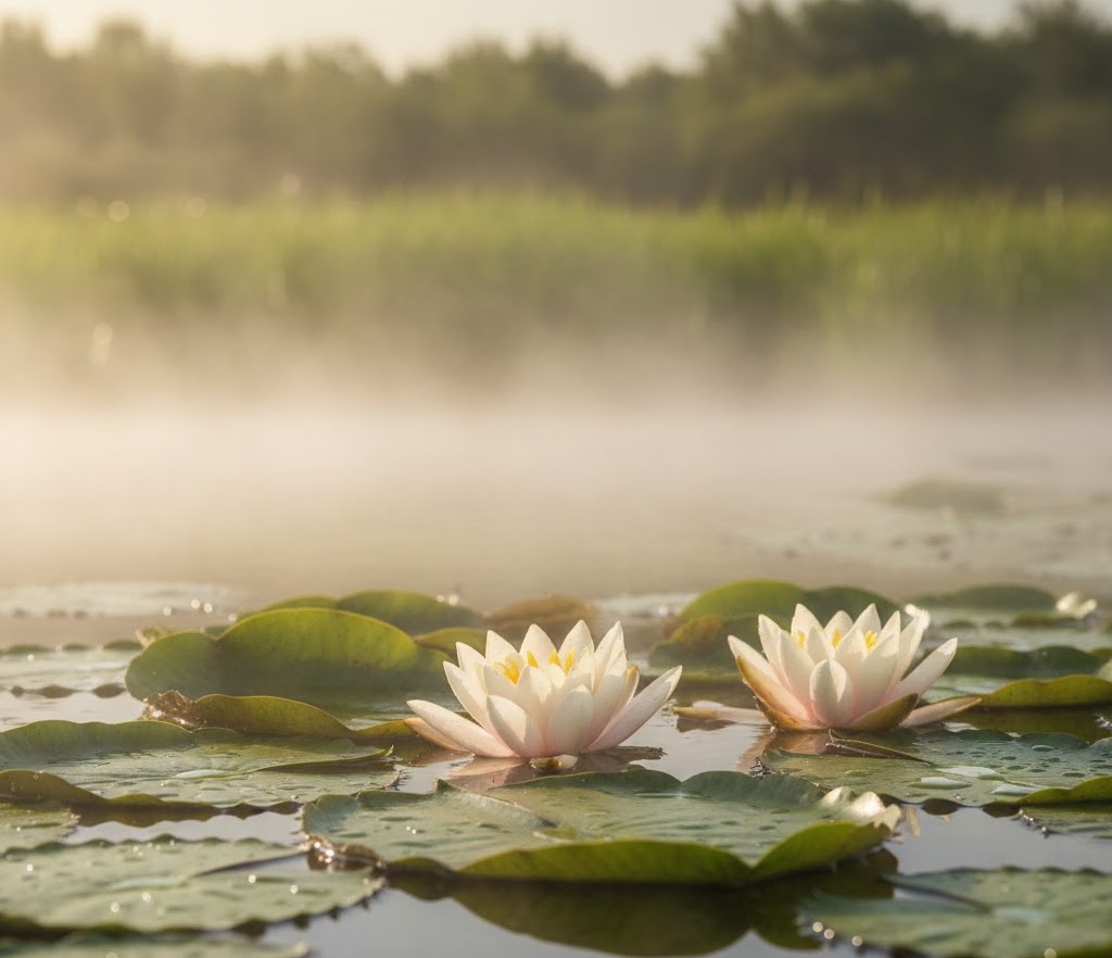 Rare white Thermal Water Lilies blooming on a steaming geothermal lake in Romania. Rare white Thermal Water Lilies blooming on a steaming geothermal lake in Romania.