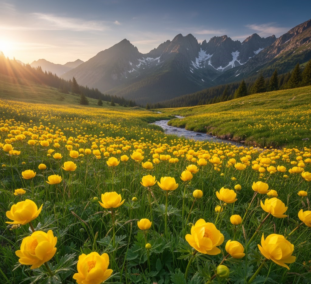 Field of vibrant yellow Globe Flowers blooming by a mountain stream in the Romanian Carpathians at sunset.